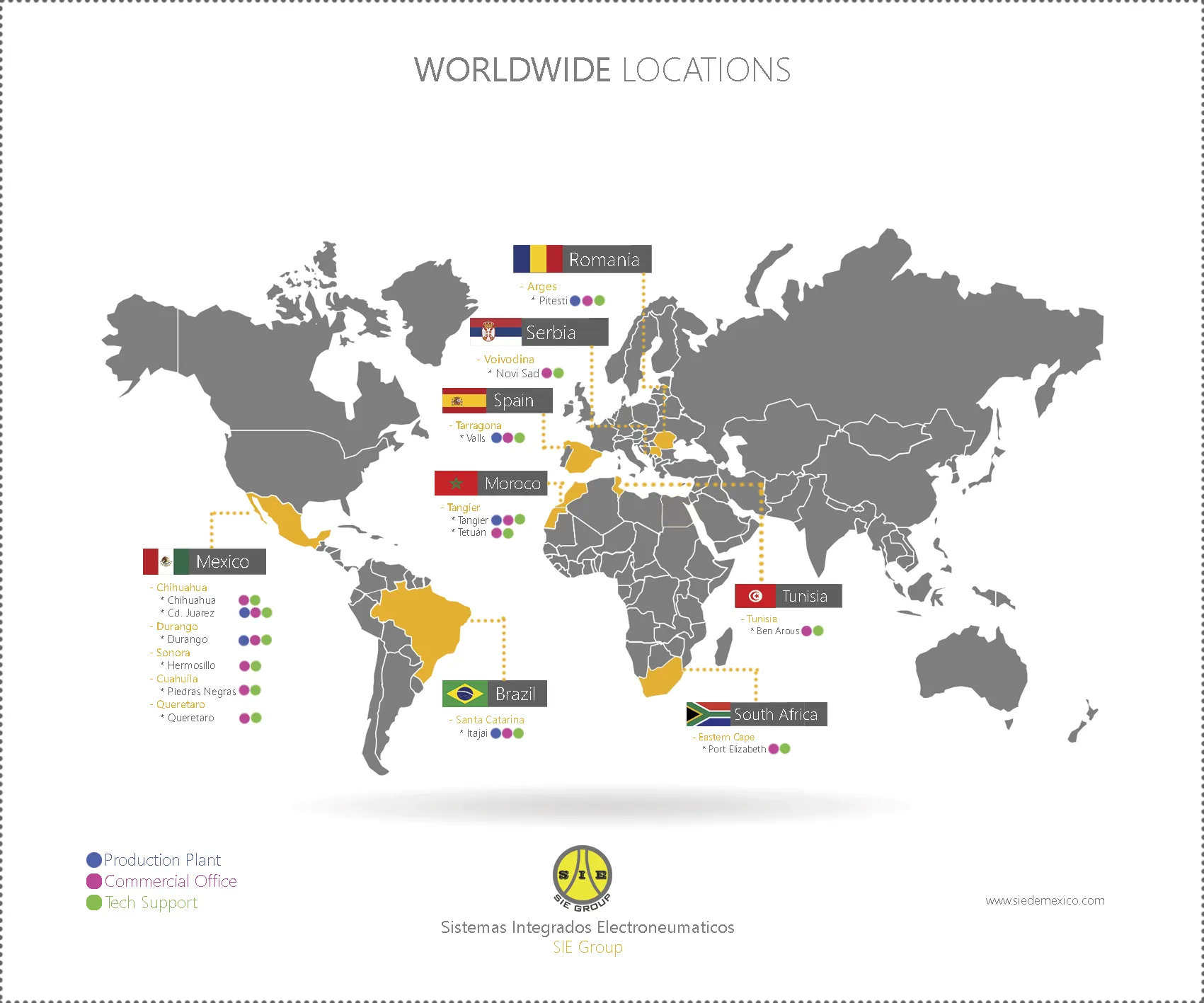 political world map with arrows pointing at the countries where SIE has facilities